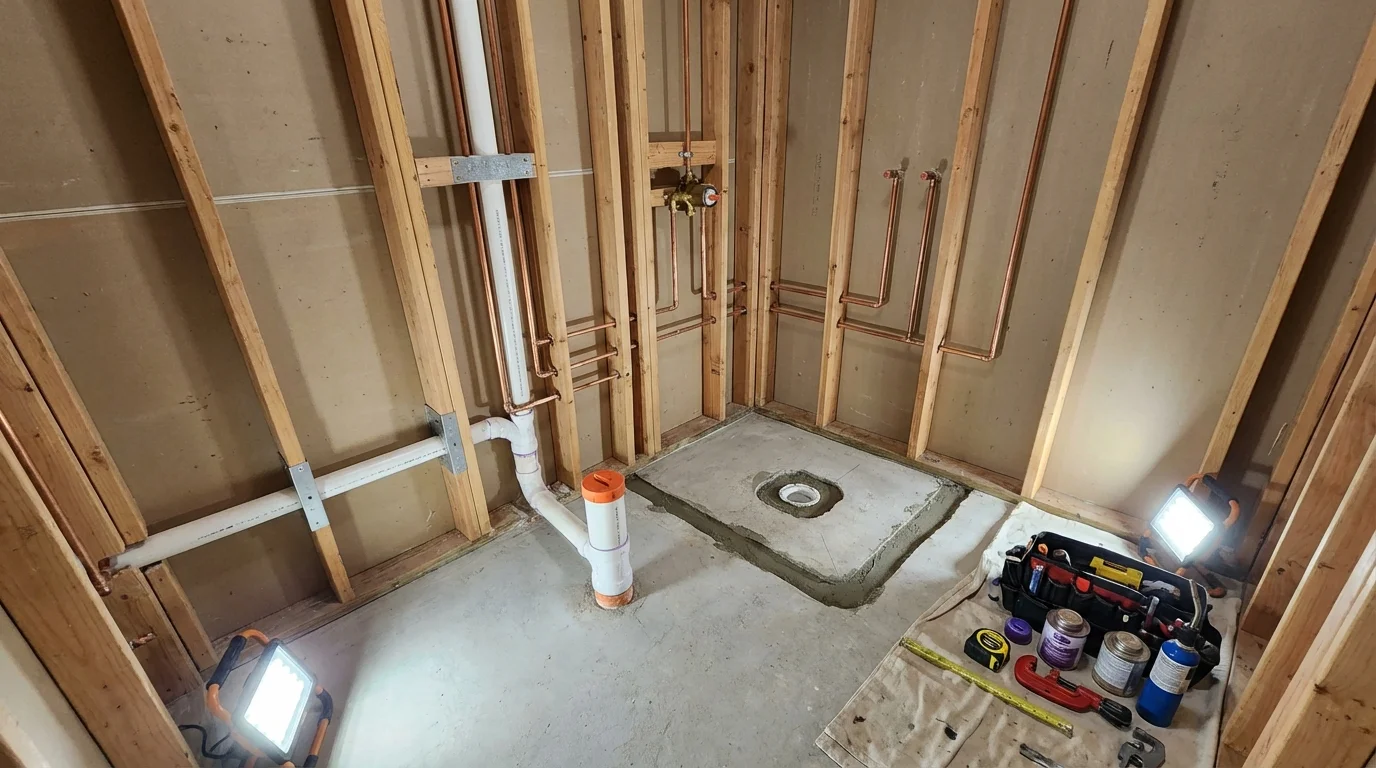 Bathroom rough-in plumbing during remodel by Johns Plumbing LLC in Pataskala