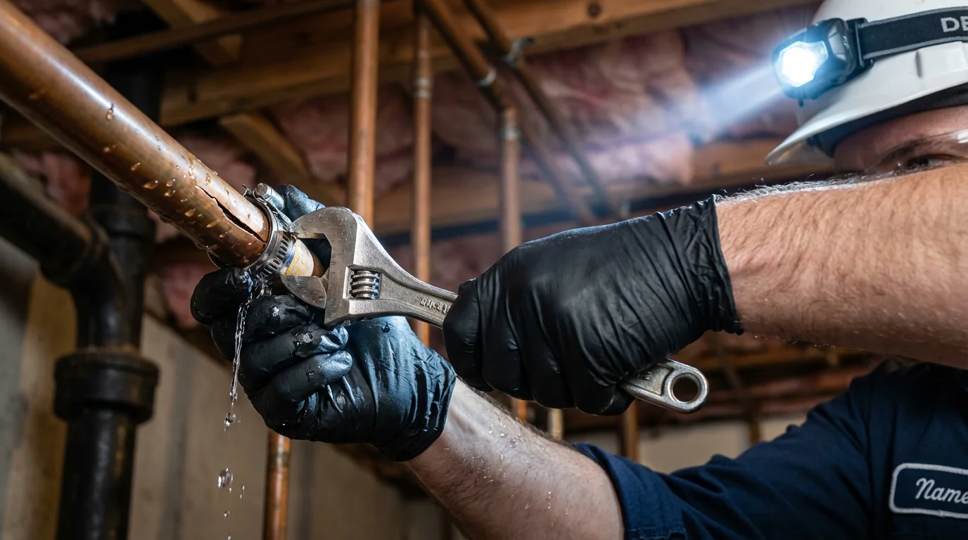 Emergency pipe clamp repair being performed by a Johns Plumbing LLC plumber in Pataskala