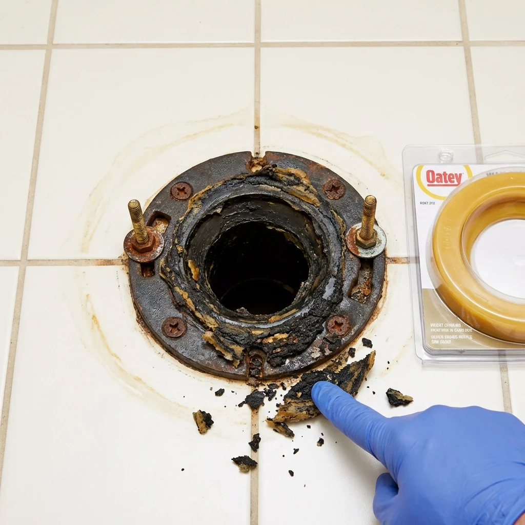Failed wax ring showing water seepage at the base of a toilet in a Pataskala, OH home