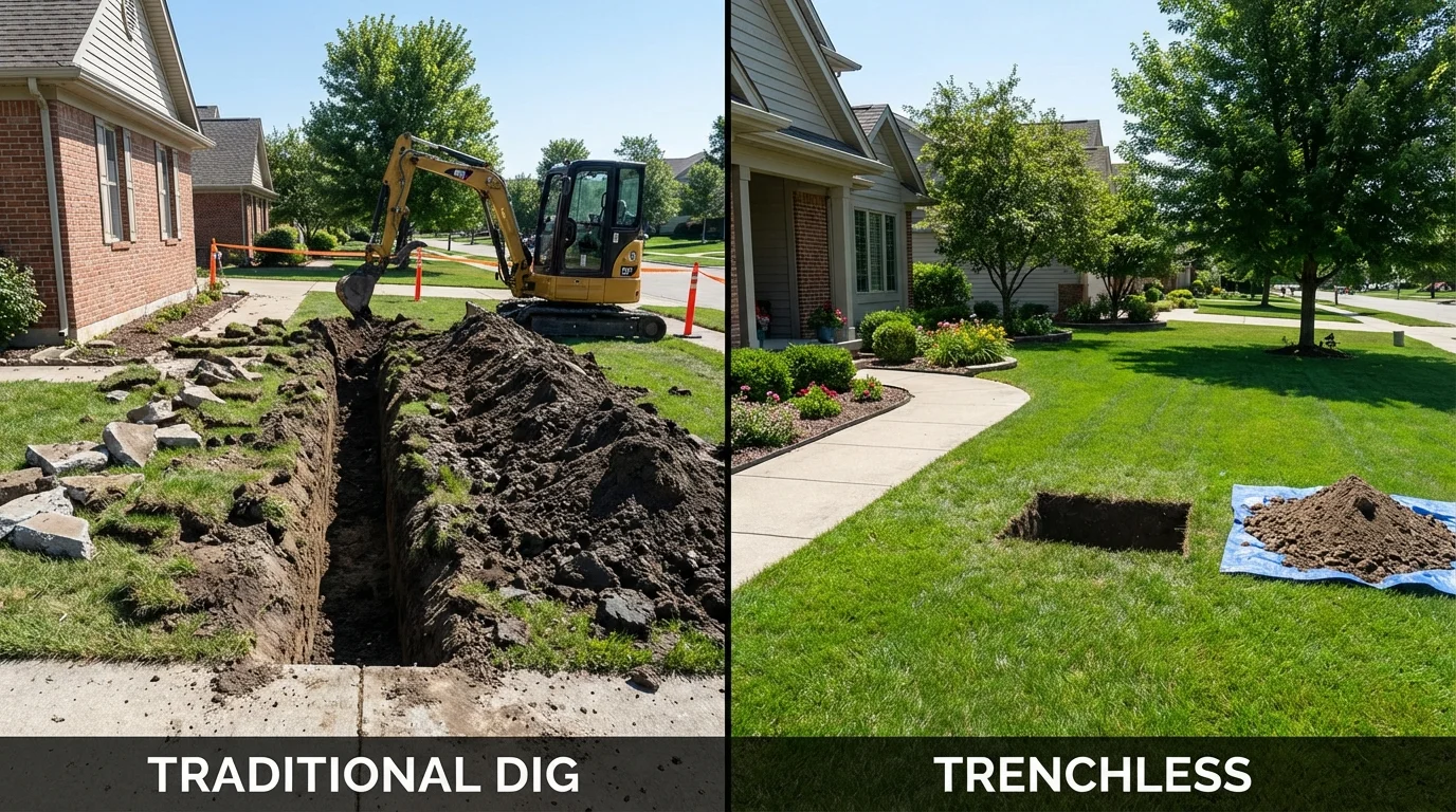 Trenchless sewer repair with minimal yard damage versus traditional excavation in Pataskala, OH