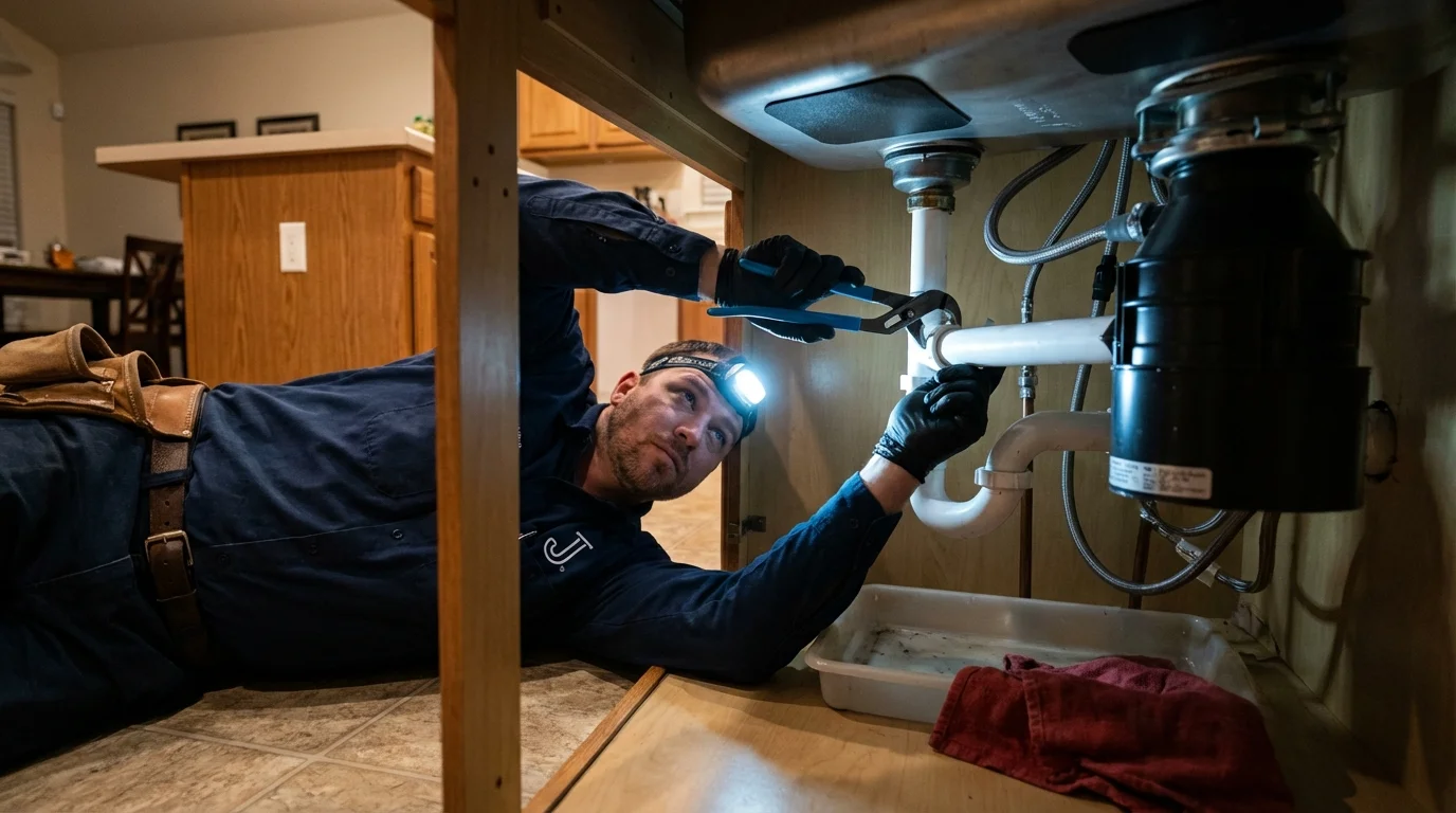 P-trap and supply line connections under a kitchen sink showing a common leak point in Pataskala, OH